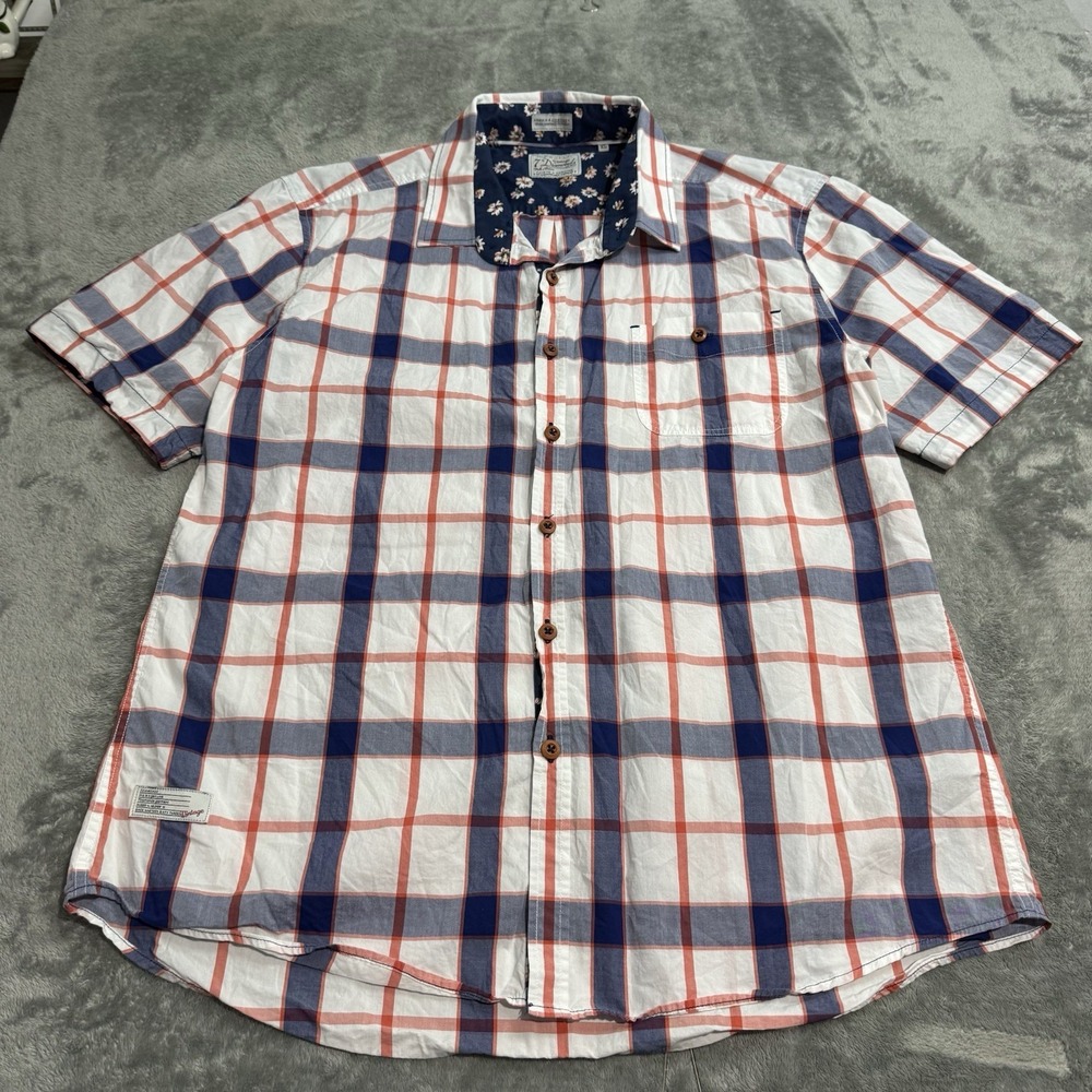 7 Diamonds Shirt Mens XL Plaid Cotton Floral Trim‎ Short Sleeve Button Down